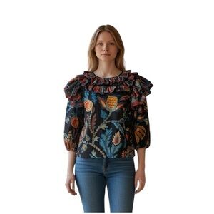 Farm Rio boho bohemian Ruffle Blouse with Puff Sleeves
